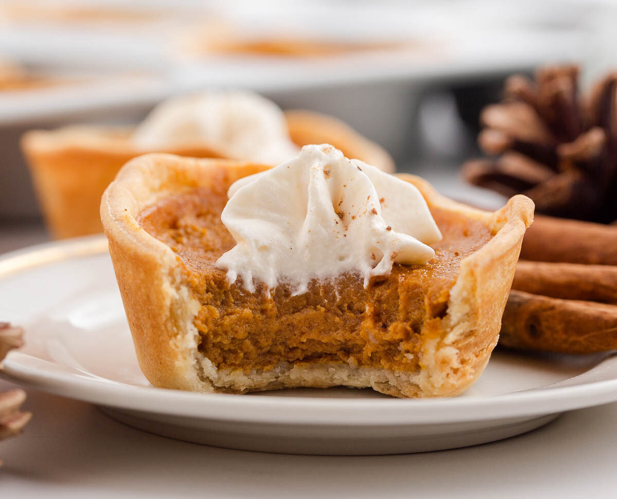 A mini pumpkin pie with a bite taken out, topped with whipped cream on a white plate. Cinnamon sticks and pinecones are in the background.