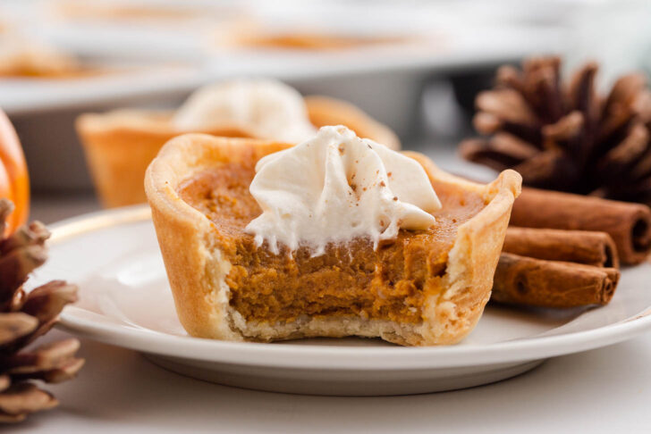 A mini pumpkin pie with a bite taken out, topped with whipped cream on a white plate. Cinnamon sticks and pinecones are in the background.