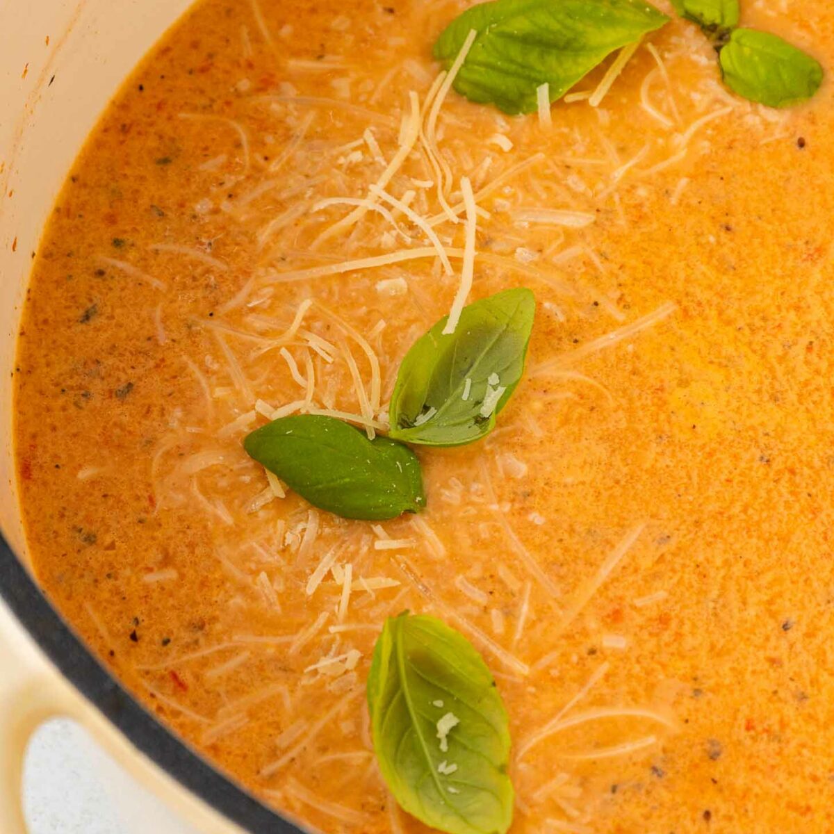 A creamy orange soup garnished with fresh basil leaves and shredded Parmesan cheese, served in a white pot. The soup surface shows flecks of herbs and a smooth, rich texture.