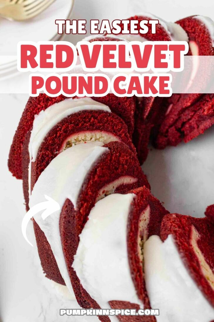 A sliced red velvet pound cake with white icing is displayed on a white surface. Bold text over the image reads, “The Easiest Red Velvet Pound Cake,” and the website “pumpkinNspice.com” is shown at the bottom.