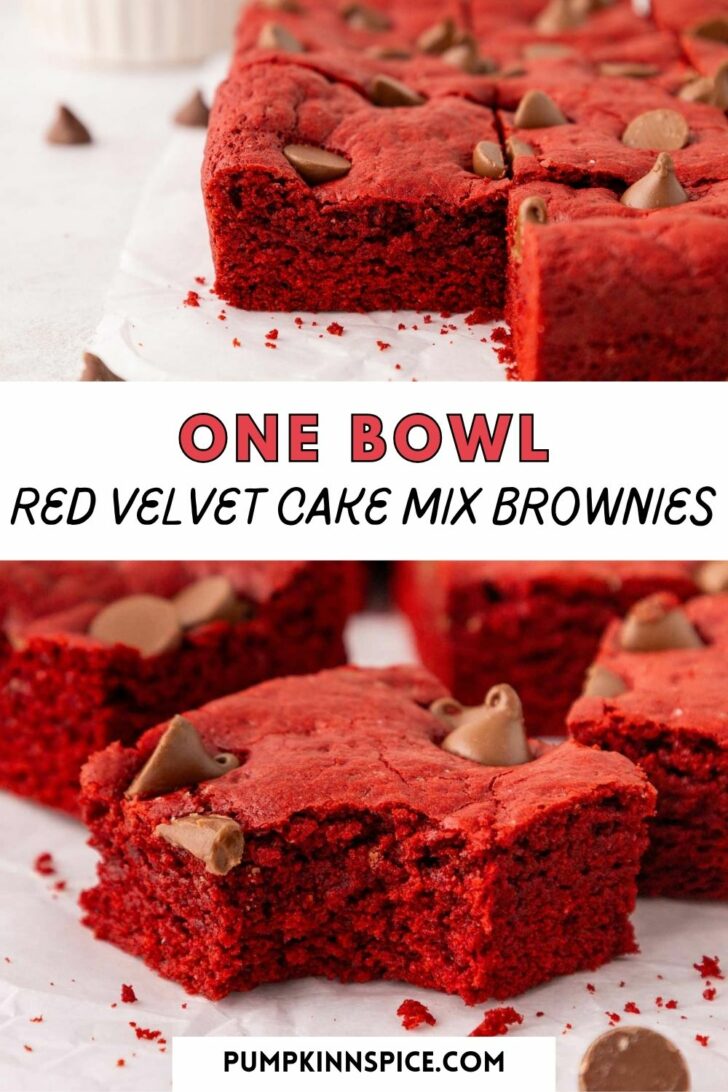 Close-up of thick, fudgy red velvet brownies with chocolate chips on top, cut into squares on white parchment paper. Text reads: “One Bowl Red Velvet Cake Mix Brownies” and “pumpkinnspice.com”.