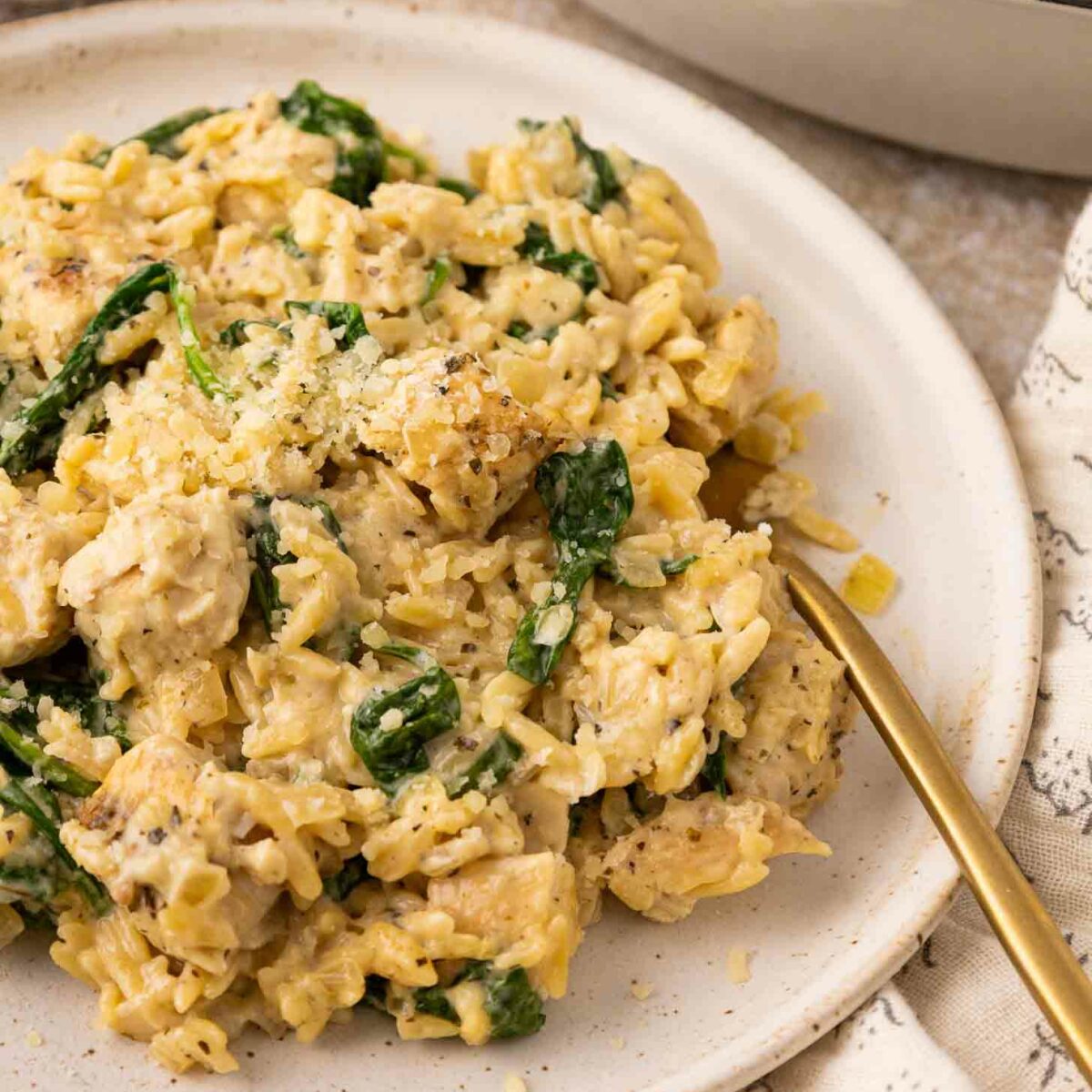 A plate of creamy chicken and spinach orzo garnished with grated cheese, served with a gold fork on a light-colored plate. A patterned napkin and a dish of orzo are visible beside the plate.