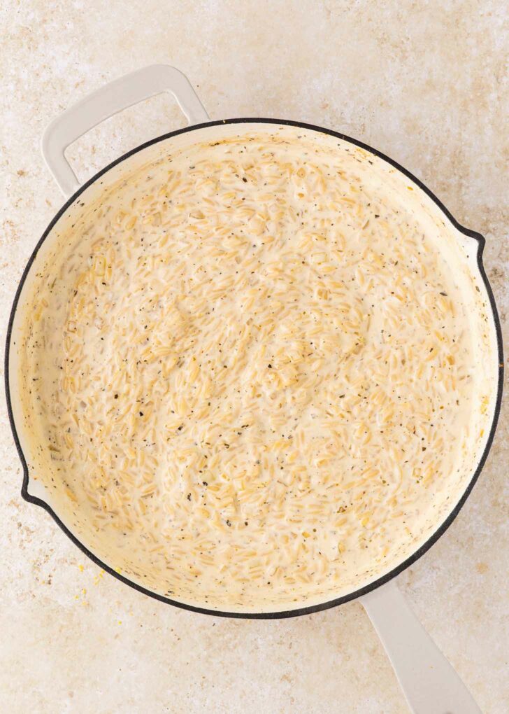 A large, shallow pan filled with creamy, cooked orzo pasta in a white sauce with visible herbs, sitting on a light-colored countertop.