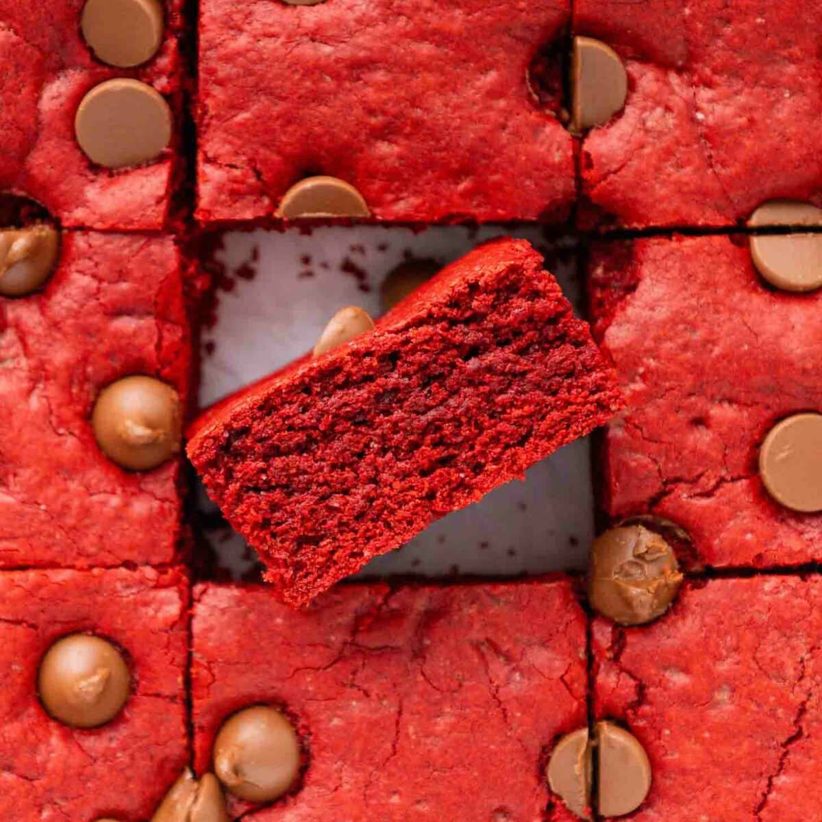 Squares of red velvet brownies topped with milk chocolate chips, with one brownie turned on its side in the center to show its moist, red interior.