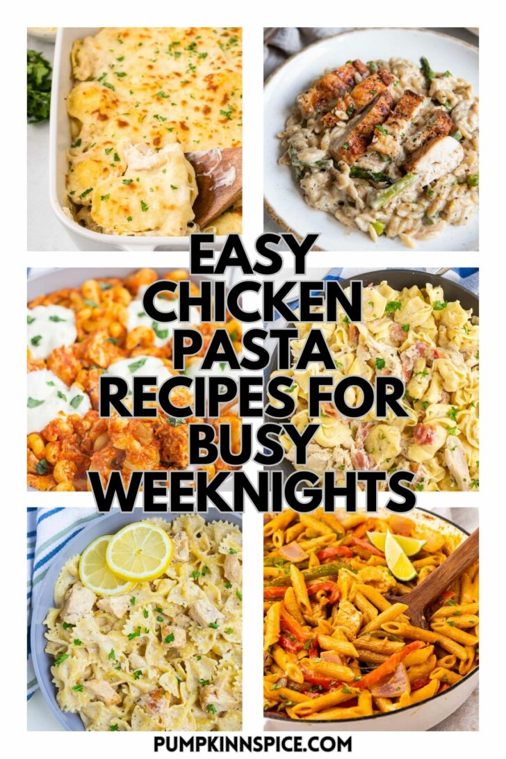A collage of six chicken pasta dishes, including creamy, baked, and tomato-based varieties. Bold text in the center reads, Easy Chicken Pasta Recipes for Busy Weeknights. Website: pumpkinnspice.com.