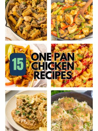 A collage features six different one-pan chicken dishes surrounding text that reads “15 One Pan Chicken Recipes” on a white background. The website name, pumpkinspice.com, appears at the bottom.