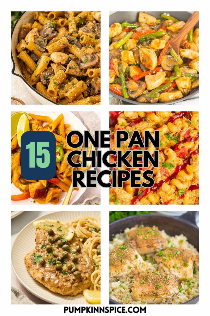 A collage features six different one-pan chicken dishes surrounding text that reads “15 One Pan Chicken Recipes” on a white background. The website name, pumpkinspice.com, appears at the bottom.