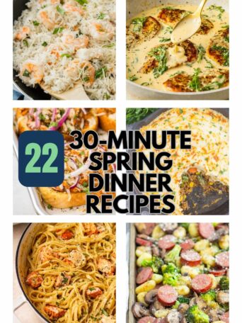 A collage of six spring dinner dishes, including pasta, chicken, potatoes, and salads, with the text 22 30-Minute Spring Dinner Recipes in the center and pumpkinnspice.com at the bottom.