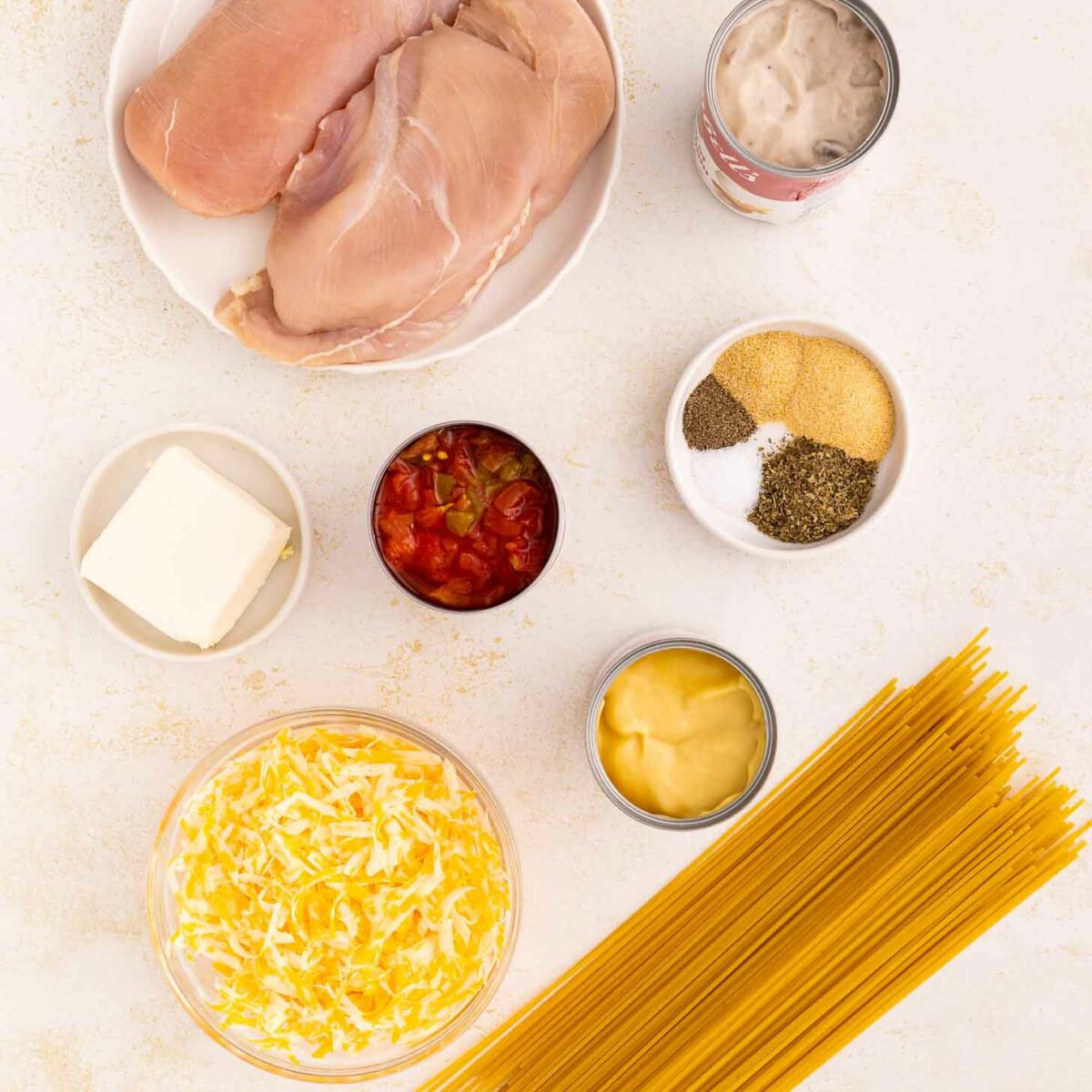 Overhead view of raw chicken breasts on a plate, a can of soup, spices, a small bowl of butter, a bowl of diced tomatoes, shredded cheese, uncooked spaghetti, and a small bowl of condensed soup on a white surface.