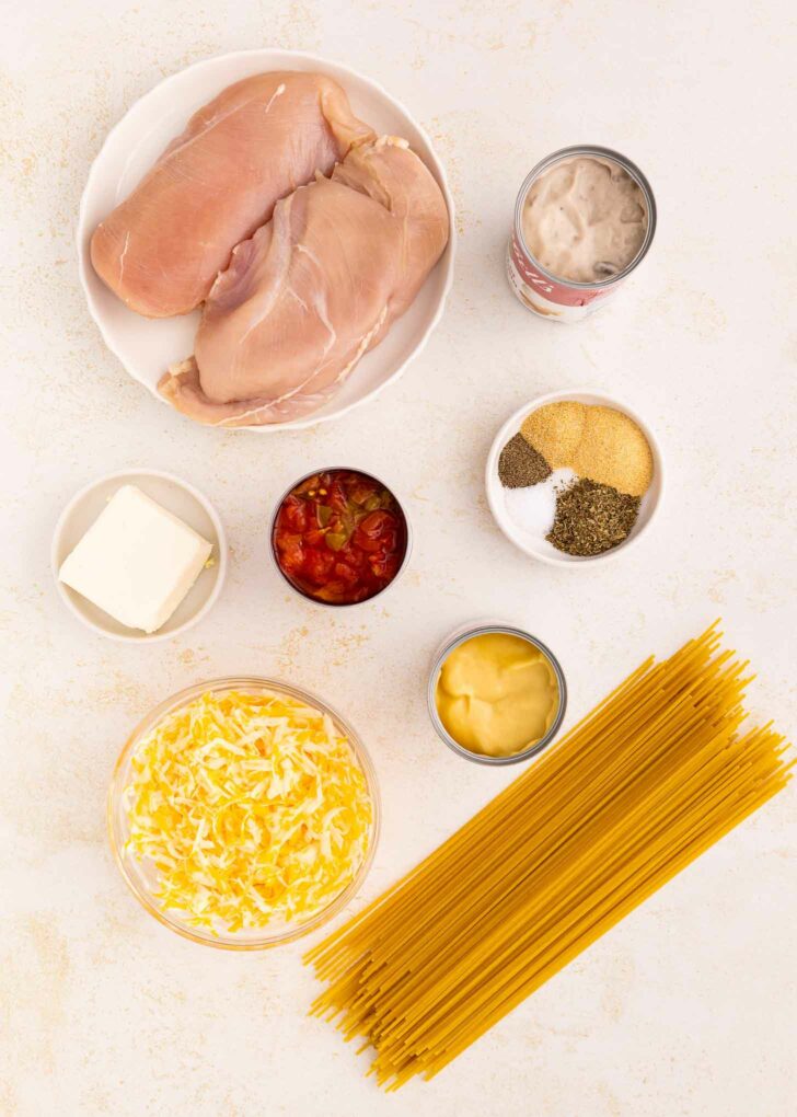 Overhead view of raw chicken breasts on a plate, a can of soup, spices, a small bowl of butter, a bowl of diced tomatoes, shredded cheese, uncooked spaghetti, and a small bowl of condensed soup on a white surface.