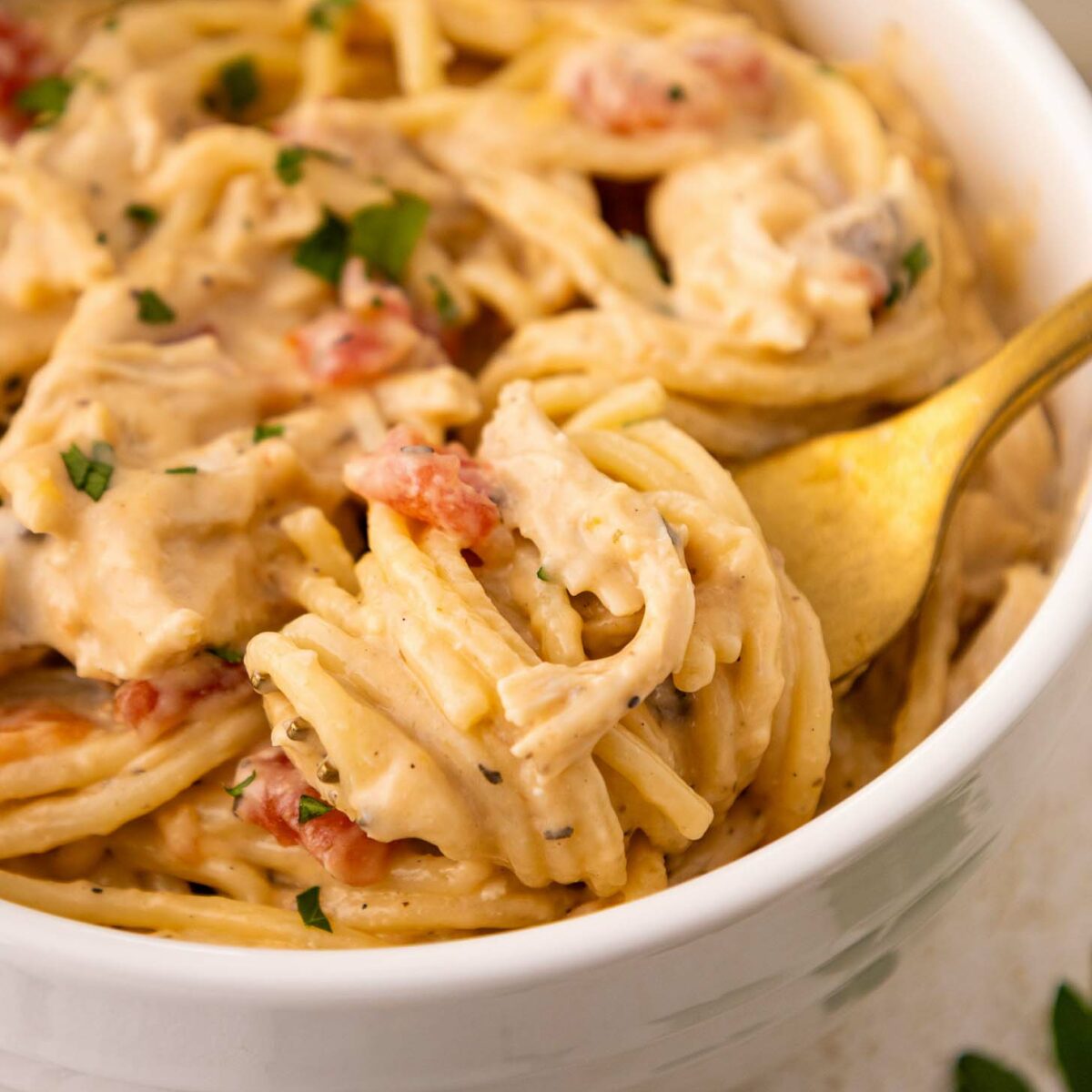 A close-up of creamy spaghetti with pieces of tomato and parsley, served in a white bowl. A golden fork is twirling some of the pasta.