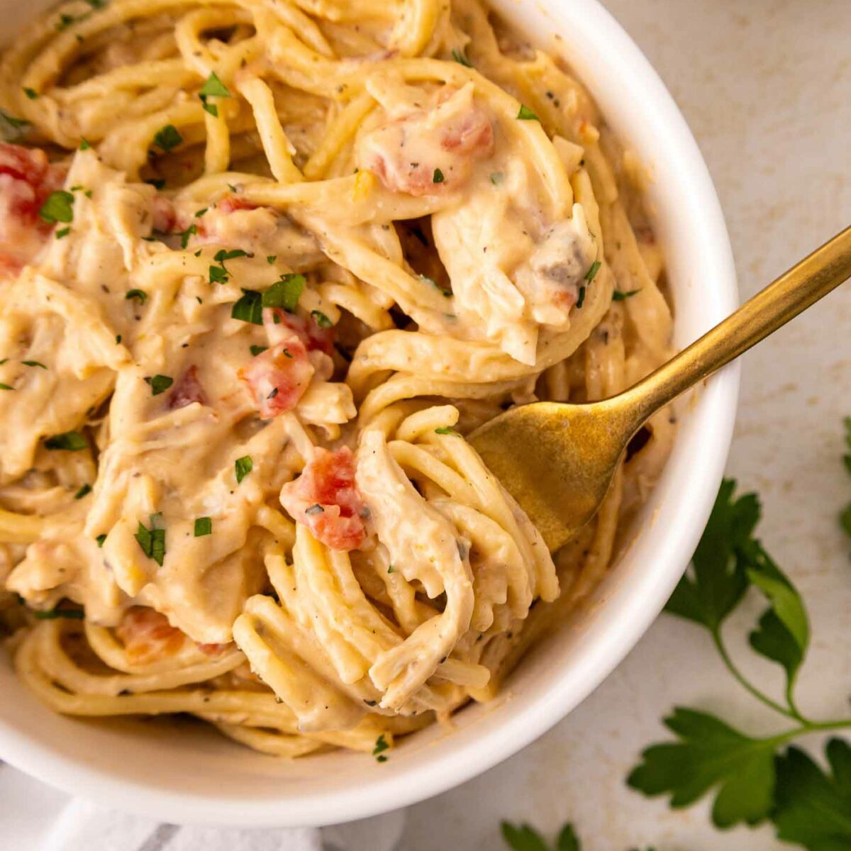 A white bowl filled with creamy spaghetti mixed with shredded chicken, diced tomatoes, and garnished with chopped parsley. A gold fork is twirled into the pasta, and fresh parsley is nearby.