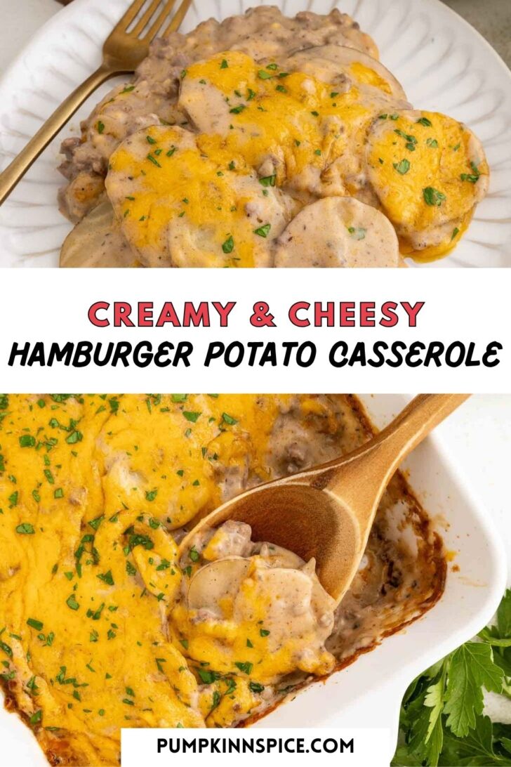 A cheesy hamburger potato casserole with golden melted cheese, sliced potatoes, and ground beef, served in a white dish with a wooden spoon.