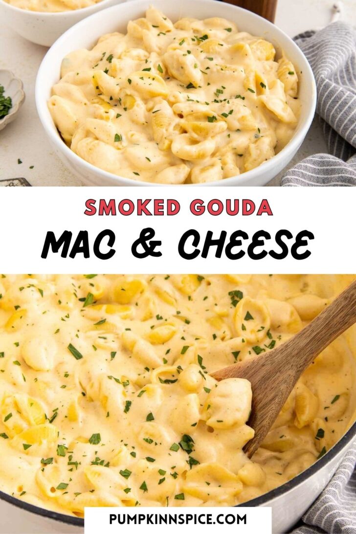 Two bowls filled with creamy smoked gouda macaroni and cheese are shown, topped with herbs. A wooden spoon stirs one bowl. The text reads Smoked Gouda Mac & Cheese and pumpkinnspice.com..