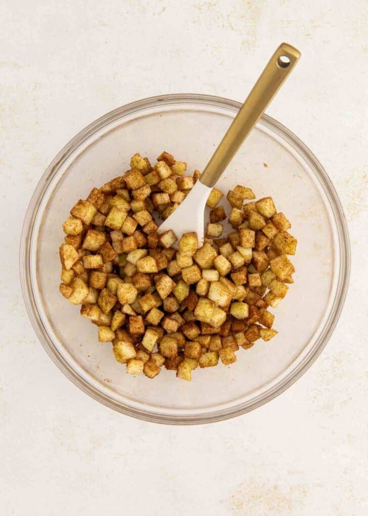 A clear bowl filled with small, diced apple pieces coated in cinnamon, with a white and gold spoon resting inside. The bowl sits on a light-colored surface.