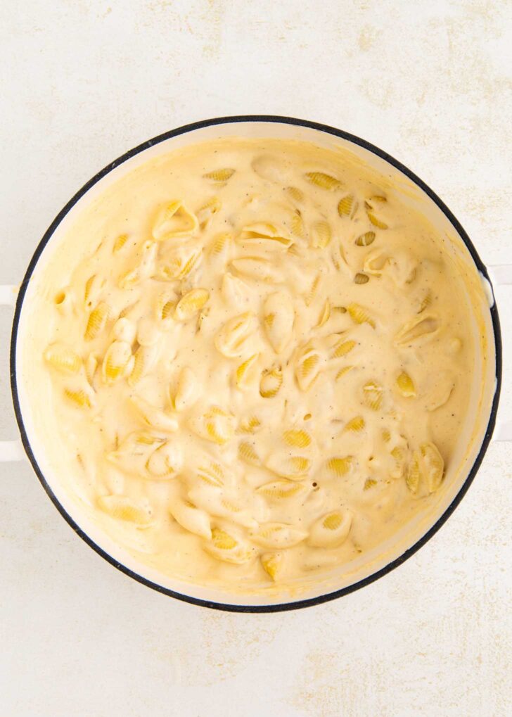 A white pot filled with creamy pasta shells in a thick, light yellow cheese sauce, set on a light-colored surface.