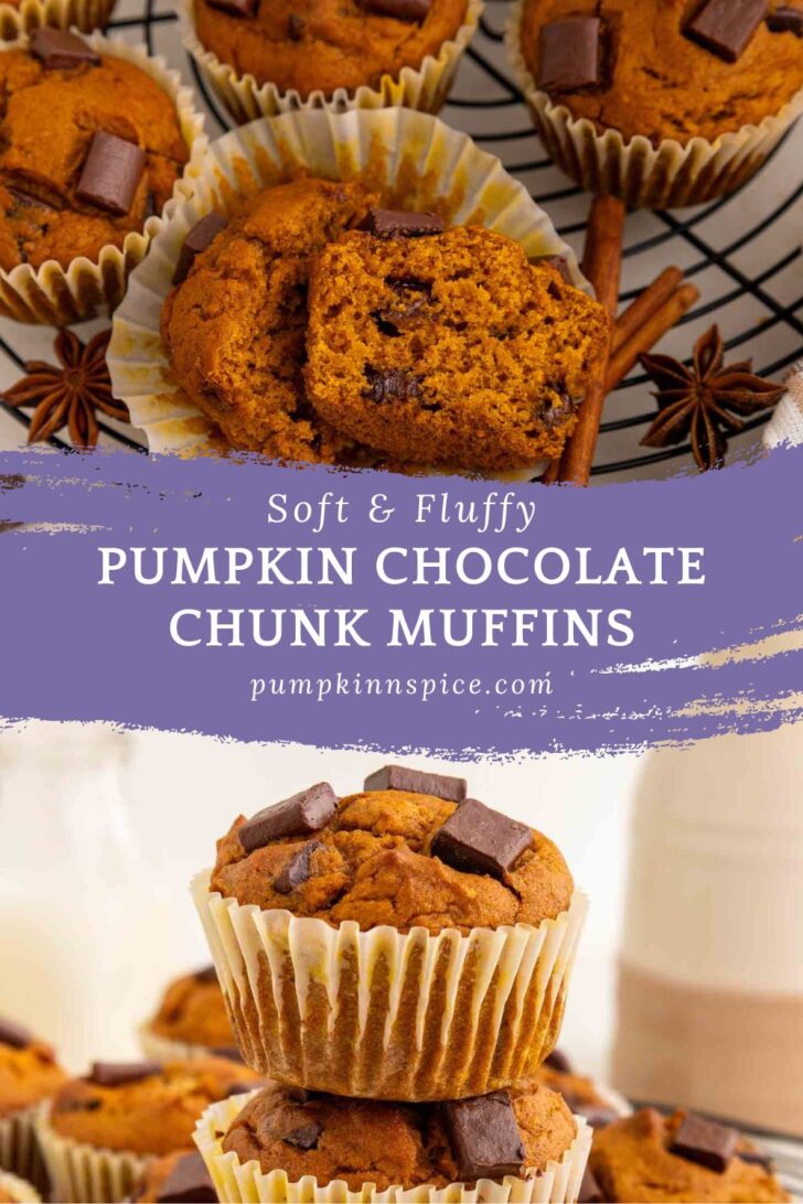 Pumpkin chocolate chunk muffins in paper liners, some stacked and some cooling on a wire rack. The text reads: Soft & Fluffy Pumpkin Chocolate Chunk Muffins, pumpkininspice.com.
