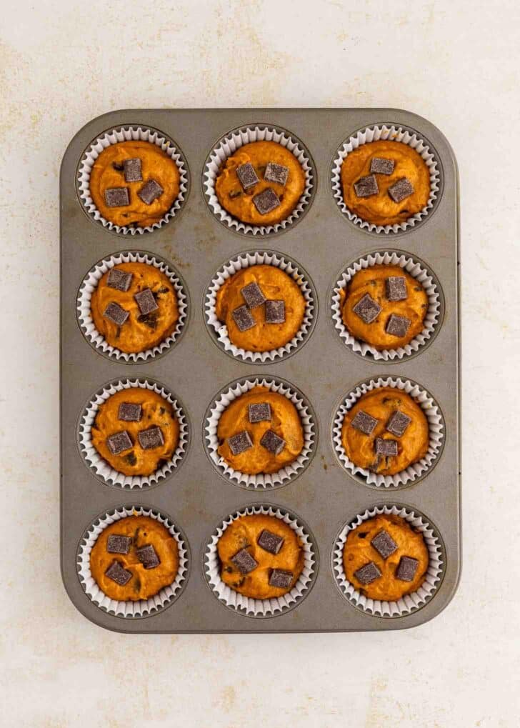A muffin tin filled with twelve unbaked muffins, each topped with chocolate chunks, sits on a light-colored surface.