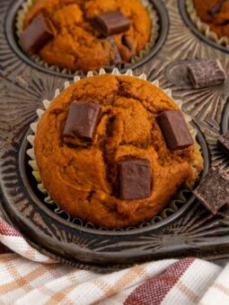 A muffin tin with pumpkin muffins topped with chocolate chunks, one muffin has a bite taken out. A checkered cloth is partially visible underneath the tin.